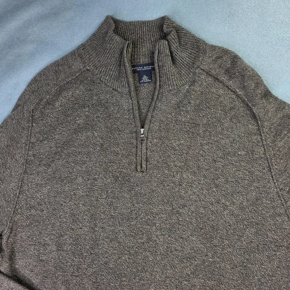 Banana Republic Sweater Men XL Brown Silk Cashmere Half Zip Pullover Vintage
